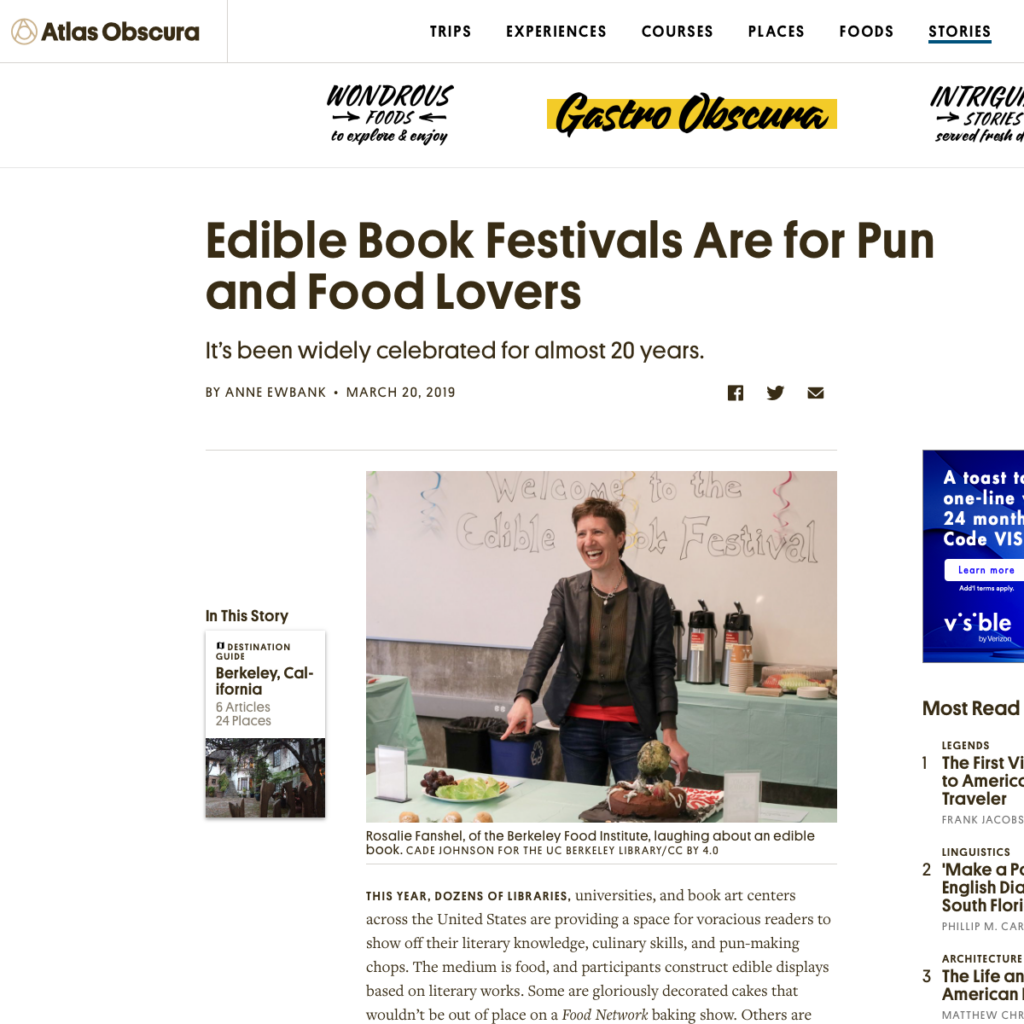 Screenshot thumbnail of Atlas Obscura website article titled, "Edible Book Festivals Are for Pun and Food Lovers"