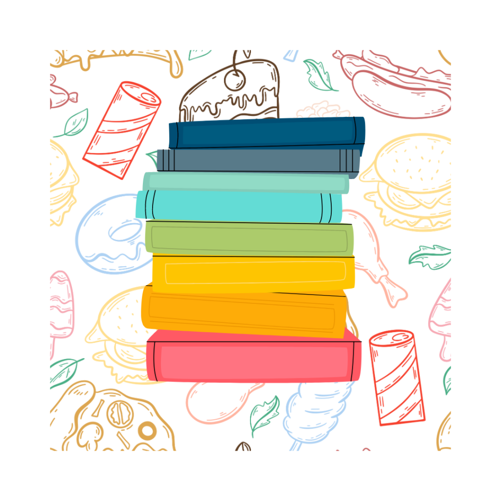 Stack of brightly colored books overlaying multicolored drawings of various food.