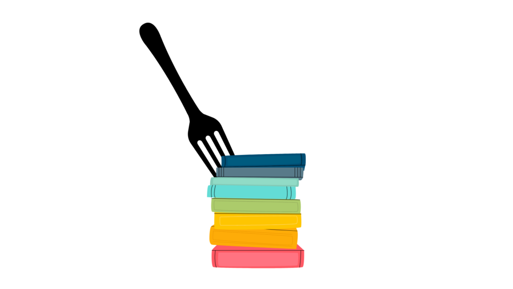 stack of 8 brightly colored books with a large black fork stuck in them