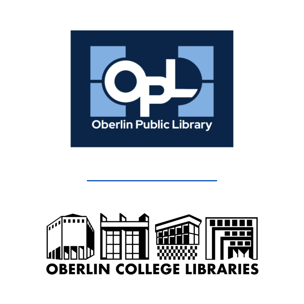 Logo of the Oberlin Public Library with a blue line under it and the logo of the Oberlin College Libraries below the line