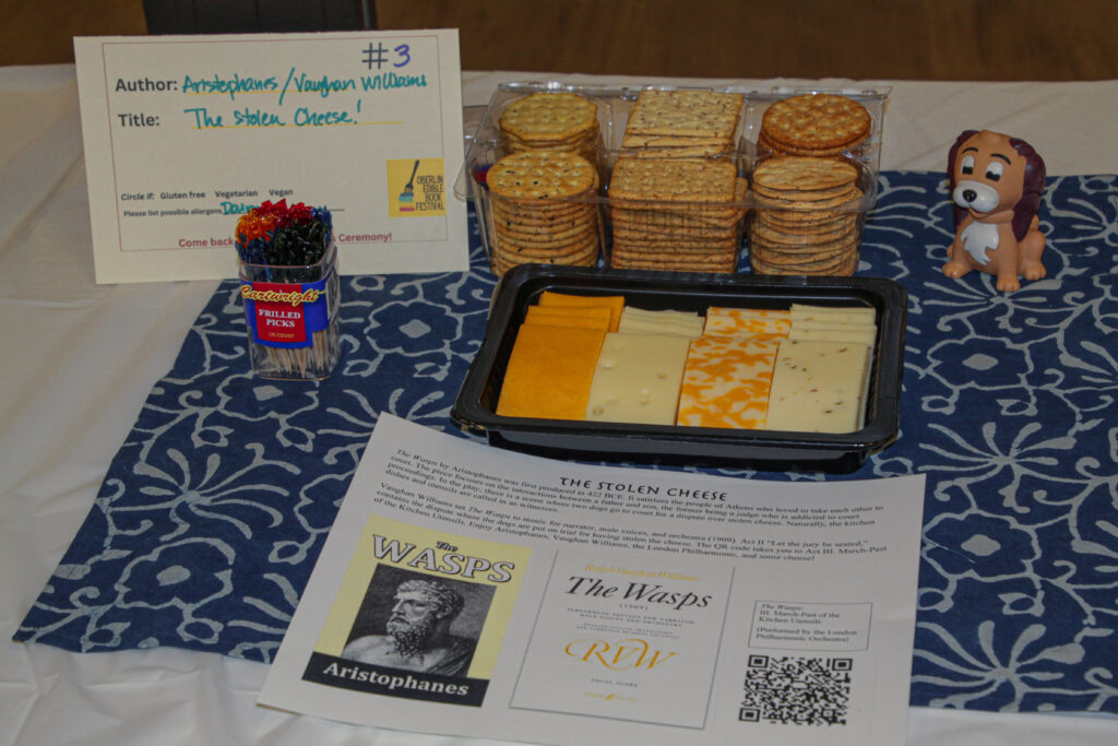Cheese and crackers with an info sheet explaining its reference.