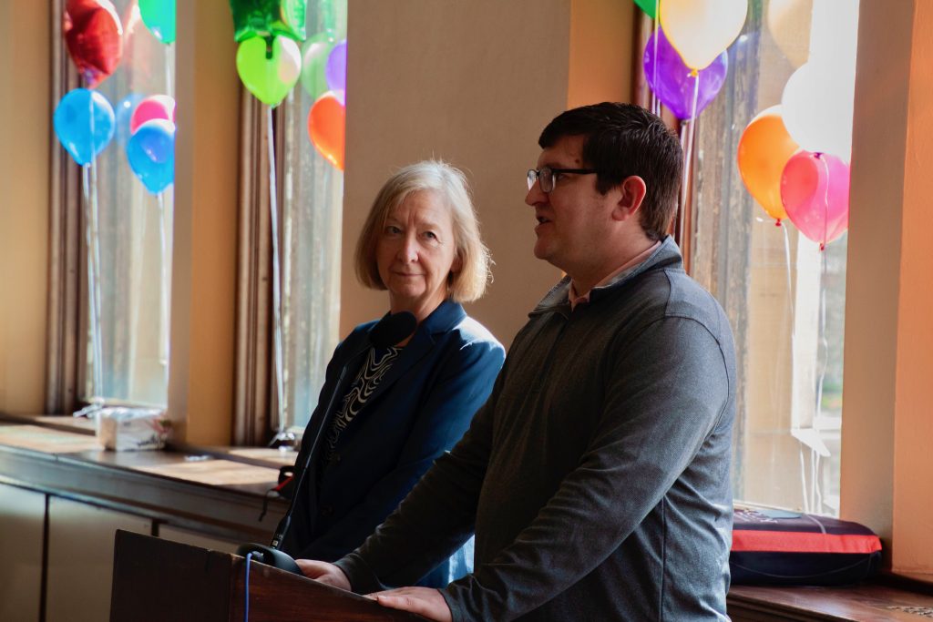 Directors of Oberlin Public Library and Oberlin College Libraries address the attendees